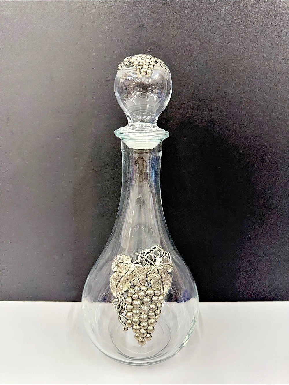 Vintage Italian Glass Decanter w/ Pewter Grape & Vine Appliqué Stopper – Made in